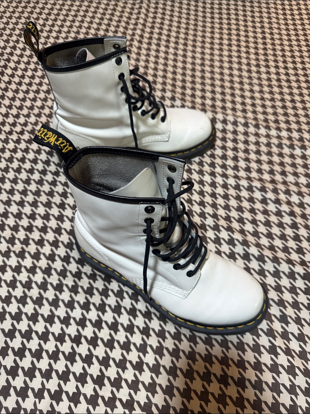 Dr. Martens White Leather Lace-Up Combat Boots with Black Trim